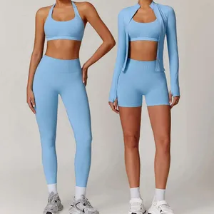 New Women Sportwear 3 Piece Set Yoga Top Jacket Pants Leggings Sports Bra Scrunch Shorts Gym Workout Clothes Fiess Suits 7755